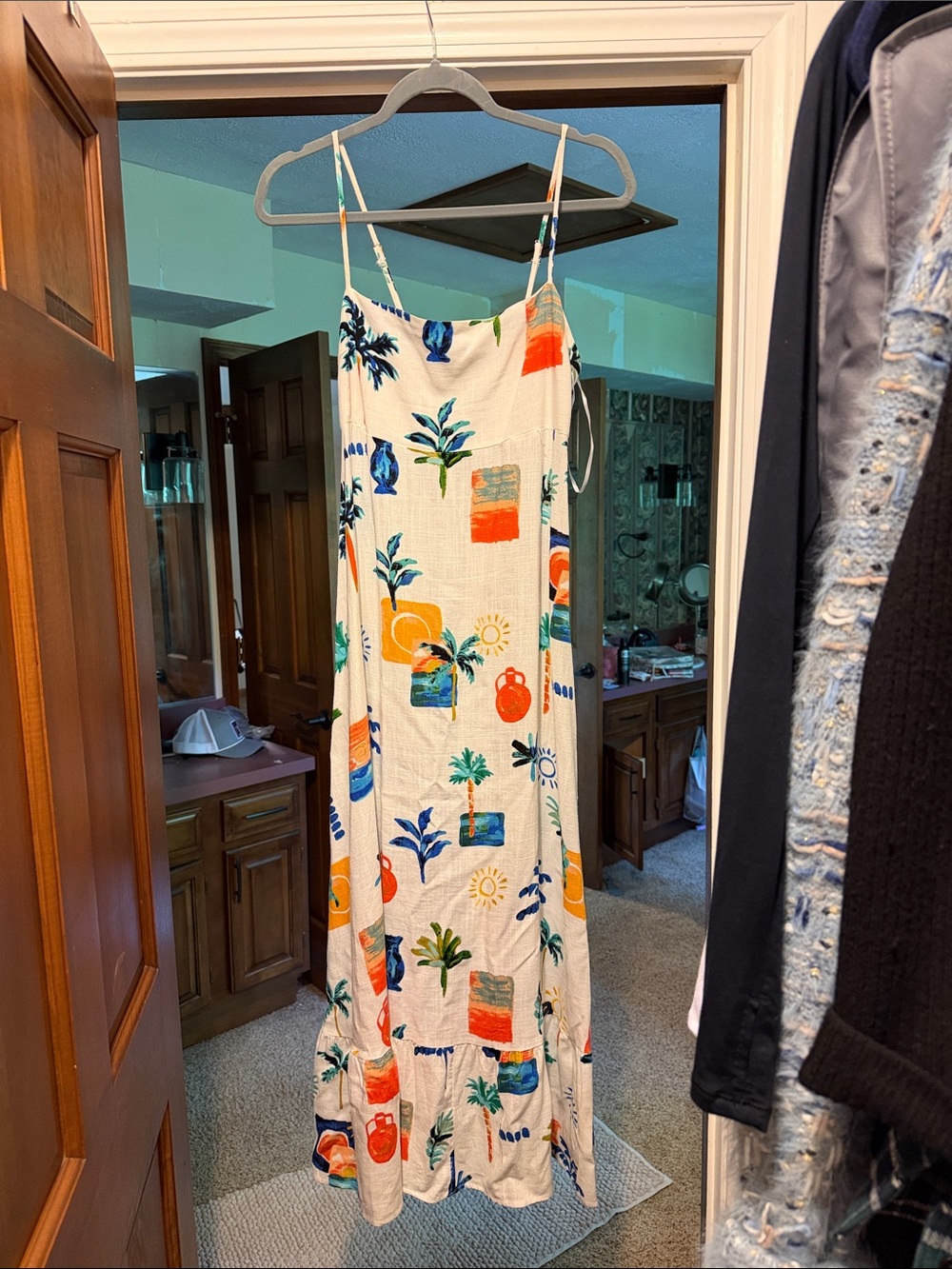 Tropical Print Spaghetti Strap Maxi Dress - Cream with Blue & Orange